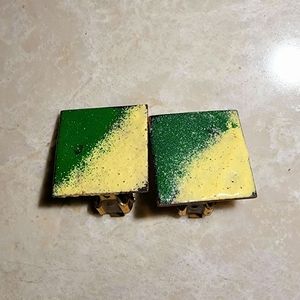 Vintage green and yellow gradient enamel metal clip on earrings